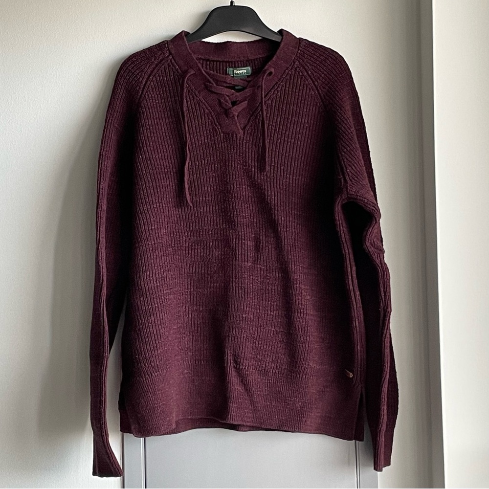 ROOTS Burgundy Knit Cotton and Wool Sweater with Lace-Up Neckline